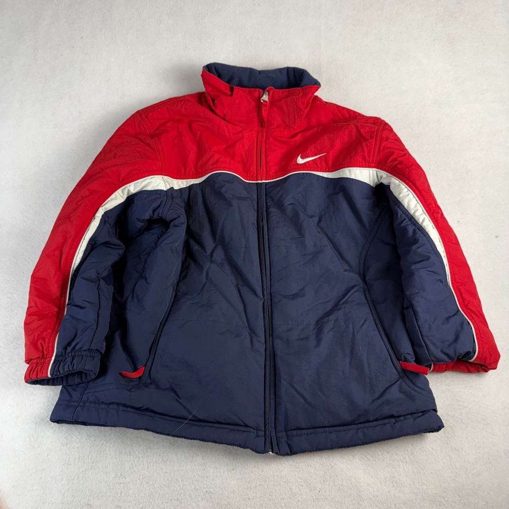 Vintage Nike Reversible Puffer Jacket Navy Red White Spellout Logo Youth L/XL